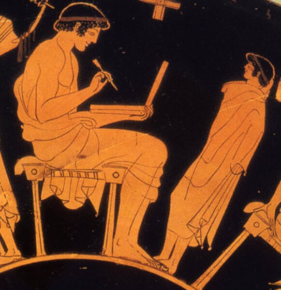 Writing with stylus and folding wax tablet. painter, Douris, c. 500 BC (Berlin).