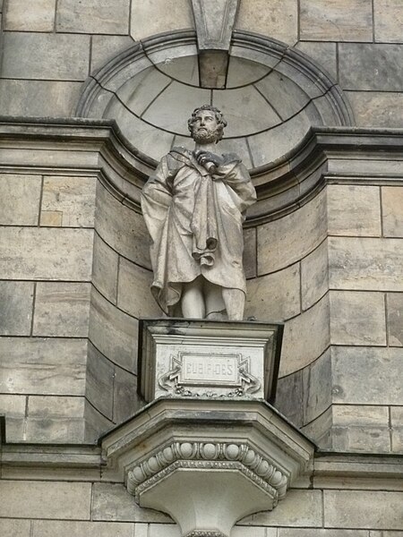 19th century statue of Euripides in a niche on the Semperoper, Germany