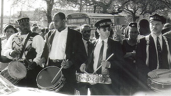 Drummers at the funeral of jazz musician Danny Barker in 1994. They include Louis Cottrell, (great-grandson of New Orleans' innovative drumming pionee