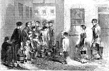 Slum dwellers queueing for water, 1863. Poverty, squalor and disease were more likely to be found in Victorian London than streets paved with gold. Dwellings of the poor in Bethnal Green, water supply 1863 Wellcome L0001380.jpg