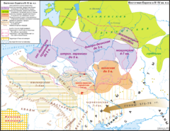 Map of the ancient Baltic homelands at the time of the Hunnish invasions (3rd-4th c. AD). Baltic cultural areas (identified archaeologically) are in purple. The Baltic sphere originally covered Eastern Europe from the Baltic Sea to modern Moscow. East europe 3-4cc.png