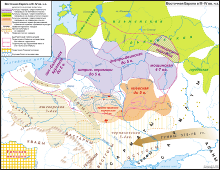 Eastern Europe in 3rd–4th century CE with archaeological cultures identified as Baltic-speaking in purple. Their area extended from the Baltic Sea to modern Moscow.