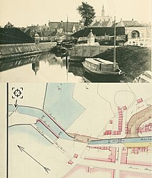 Boterdiep, Ebbingepoort en Nieuwe Kerk op een foto van Friedrich Julius von Kolkow (1877) plus een uitsnede van een plankaart van Waterstaat (1855). De beren (dammen) met monniken (torentjes) scheidden het Boterdiep van de vestinggracht. De Korrebrug wordt op de kaart Snikkebrug genoemd.