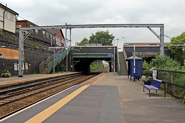 Eccles railway station in 2014 after electrification of the northern Liverpool-Manchester Line.