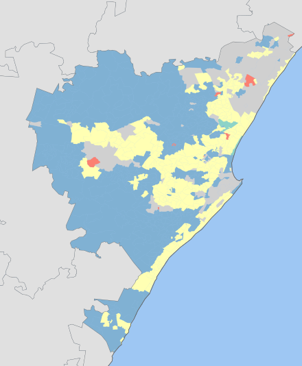 Geographical distribution of home languages in eThekwini metropole .mw-parser-output .thumb .image-key{column-count:2}.mw-parser-output .thumb .image-key-wide{column-count:3}.mw-parser-output .thumb .image-key-narrow{column-count:1}.mw-parser-output .thumb .image-key>ol{margin-left:1.3em;margin-top:0}.mw-parser-output .thumb .image-key>ul{margin-top:0}.mw-parser-output .thumb .image-key li{page-break-inside:avoid;break-inside:avoid-column}.mw-parser-output .legend{page-break-inside:avoid;break-inside:avoid-column}.mw-parser-output .legend-color{display:inline-block;min-width:1.25em;height:1.25em;line-height:1.25;margin:1px 0;text-align:center;border:1px solid black;background-color:transparent;color:black}.mw-parser-output .legend-text{}  Afrikaans  English  Xhosa  Zulu  No language dominant