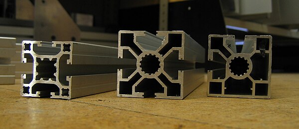 Extruded aluminium with several hollow cavities; T slots allow bars to be joined with special connectors.