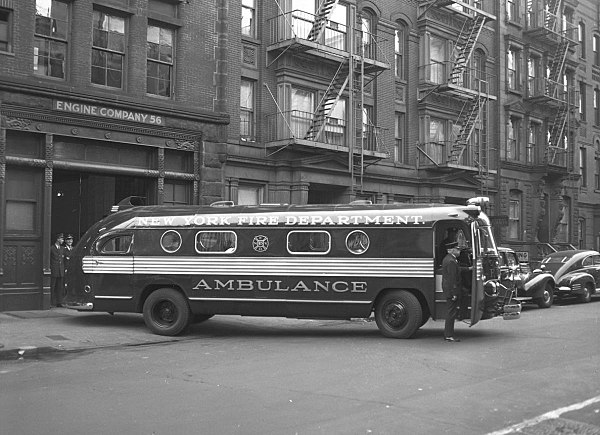 A New York City Fire Department ambulance bus in 1949