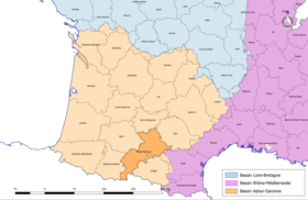 Localisation du département de la Haute-Garonne sur la carte des bassins hydrographiques français.