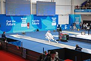 Deutsch: Fechten bei den Olympischen Jugend-Sommerspielen 2018: Tag 1, 7. Oktober 2018, Jungen, Säbel, Viertelfinale - Samuel Jarry (FRA) - Mazen Elaraby (EGY) 14:15 English: Fencing at the 2018 Summer Youth Olympics at 7 October 2018 – Boys' sabre Quarterfinals – Samuel Jarry (FRA) Vs Mazen Elaraby (EGY) 14:15