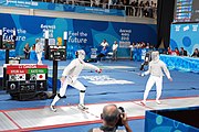 Deutsch: Fechten bei den Olympischen Jugend-Sommerspielen 2018: Tag 1, 7. Oktober 2018, Jungen, Säbel, Viertelfinale - Hibiki Kato (JPN) - Hyun Jun (KOR) 12:15 English: Fencing at the 2018 Summer Youth Olympics at 7 October 2018 – Boys' sabre Quarterfinals – Hibiki Kato (JPN) Vs Hyun Jun (KOR) 12:15