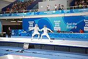 Deutsch: Fechten bei den Olympischen Jugend-Sommerspielen 2018: Tag 1, 7. Oktober 2018, Jungen, Säbel, Finale - Krisztián Rabb (HUN) - Hyun Jun (KOR) (USA) 15:13 English: Fencing at the 2018 Summer Youth Olympics at 7 October 2018 – Boys' sabre Gold medal match – Krisztián Rabb (HUN) Vs Hyun Jun (KOR) (USA) 15:13