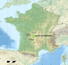 Franța relief locație carte regiuni și departamente reflectate Millevaches.png
