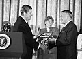 President Ronald Reagan awards the Presidential Medal of Freedom to singer Frank Sinatra