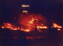 Union Faith on fire in New Orleans Freighter Union Faith was destroyed by fire on 1969-04-06.png