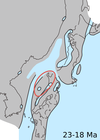 Map showing hypothesized paleodistribution of the genus Fukuia (Fukuia integra, Fukuia kurodai and Fukuia multistriata) in the Early Miocene (23-18 Ma). Fukuia Early Miocene map.svg