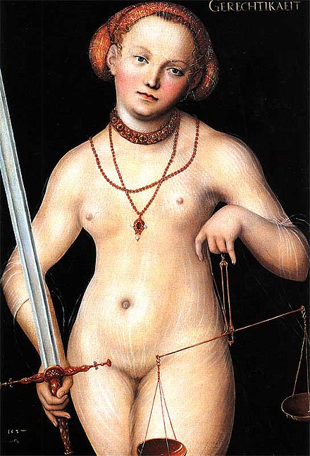 "Justice as a naked woman with a sword and balance" by Lucas Cranach the Elder, 1537