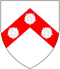 Arms of Gilbert: Argent, on a chevron gules three roses of the field. Crest: A squirrel sejant gules GilbertArms.png