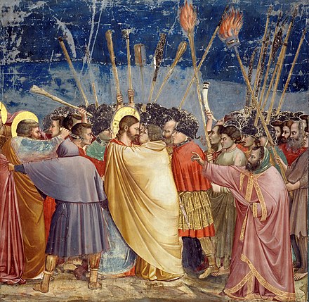 The Kiss of Judas by Giotto di Bondone (between 1304 and 1306) depicts Judas's identifying kiss in the Garden of Gethsemane