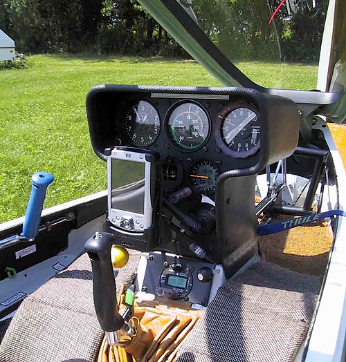 Cockpit of a glider with its joystick visible
