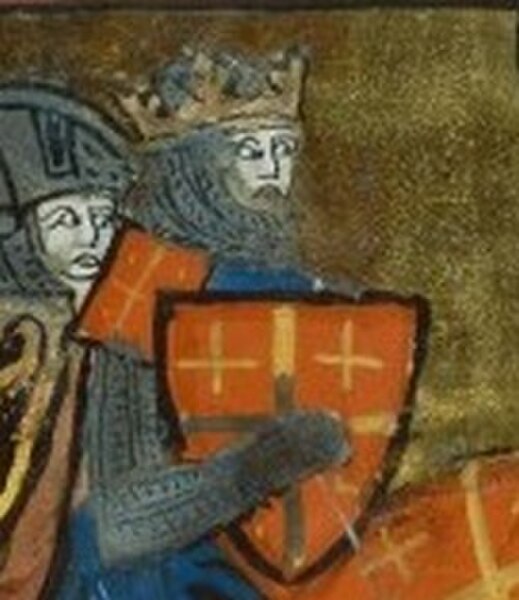 Depiction of the Jerusalem cross on a red (rather than silver) shield as the arms of Godfrey of Bouillon in a 14th-century miniature.