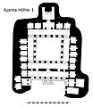 Ajanta, Plan du vihara 1. Au centre, grande salle délimitée par des piliers. Sur les côtés, cellules des moines. Au fond, abside pour la statue de Bouddha.