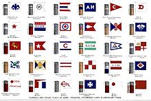 Merchant shipping lines often painted their ships' funnels in distinctive colours to distinguish them from competitors. Here a selection of company house flags are shown with their associated funnel patterns (circa 1900). House flags 1900.jpg