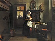 Een Amsterdams weesmeisje dekt de tafel ("doorkijkje") (om ende by 1850)