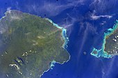 Savai'i (left island) with lava fields visible (top left) in Gaga'emauga district. (NASA photo, 2008).