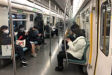 Passengers wearing surgical masks on a train of Line 4, Beijing Subway during the work resumption period Interior of 003M3 during COVID-19 pandemic (20200323180258).jpg