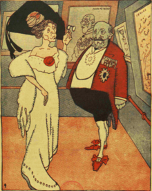 Caricature in Furnica showing art collector Ioan Kalinderu welcoming Maica Smara in his incipient Bucharest museum of art. 1910.