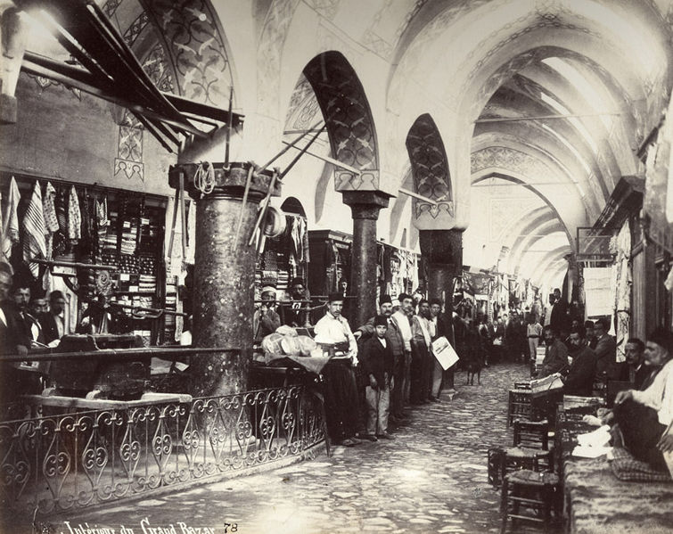 An old photo of the interior of the Grand Bazaar as it appeared in the 1890s.