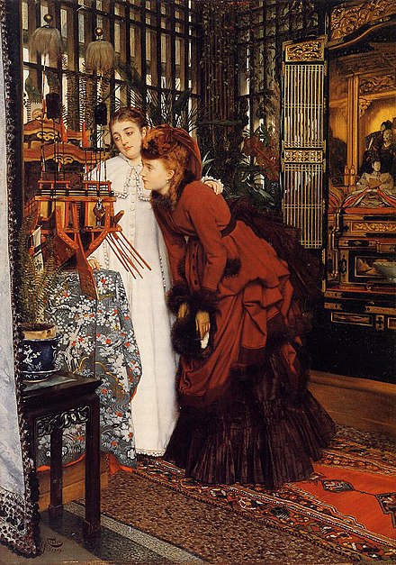 Young Ladies Looking at Japanese Objects by the painter James Tissot in 1869 is a representation of the popular curiosity about all Japanese items that started with the opening of the country in the Meiji Restoration of the 1860s.