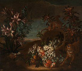 Still Life with Squirrel, Flowers and Fruit in a Landscape