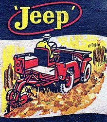 Jeep with plow attachment in 1949 matchbook cover art Jeep with plow attachment in 1949 ad art- Willys-Overland - Turner Motors - Matchbook cover- Allentown PA (cropped).jpg