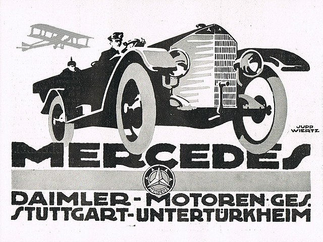 1916 DMG advertisement for the Mercedes automobiles, illustrated by Jupp Wiertz