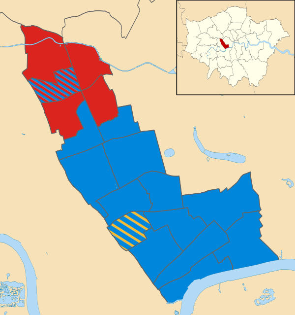 Map of the results of the 2014 Kensington and Chelsea council election. Conservatives in blue, Labour in red and Liberal Democrats in yellow.