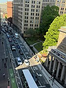 Looking north along Tremont Street, showing the burying ground's location beside the chapel (2024)