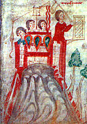 12th century depiction of a traction trebuchet (also called a perrier) next to a staff slinger