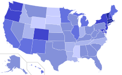 Percent of self-identified liberals in the United States broken down by state according to Gallup, August 2010; darker colors mean more liberals per state (click image for details) Liberal Gallup 8-10.svg