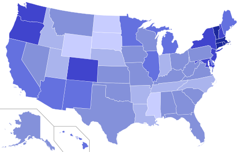 Percent of self-identified liberals in the United States broken down by state according to Gallup, August 2010; darker colors mean more liberals per state (click image for details)