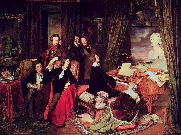 Josef Danhauser's 1840 painting of Franz Liszt at the piano surrounded by (from left to right) Alexandre Dumas, Hector Berlioz, George Sand, Niccolò Paganini, Gioachino Rossini, Marie d'Agoult with a bust of Ludwig van Beethoven on the piano.