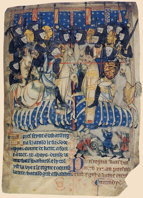 Duke William of Normandy (right) lances King Harold II of England at the Battle of Hastings. 14th-century manuscript in the British Library, London.