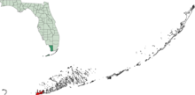 Key West in red on map is part of the Keys, with Monroe County in dark green on an inset map of the State of Florida Map of Florida Keys highlighting Key West.png