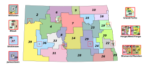 North Dakota House Districts as of 2003. House district boundaries are identical to the North Dakota Senate's districts, with two representatives elected from each district. Map of North Dakota's Legislative Districts.svg