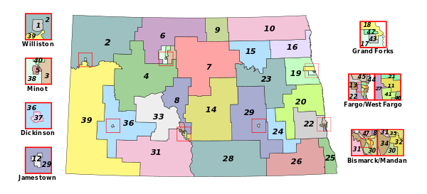 North Dakota House Districts as of 2003. House district boundaries are identical to the North Dakota Senate's districts, with two representatives elected from each district.