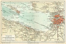 Carte de la baie de St Pétersbourg (1888). En haut à gauche: l'ile de Kotline et la ville de Kronstadt