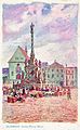 English: A postcard with the painting of the Marian column and the Church of the Annunciation of the Virgin Mary in Olomouc by Stanislav Lolek (1873–1936). The text of the postcard is dated on 11 April 1915.