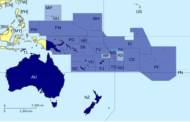 Map indicating the members and associate members of the Pacific Islands Forum