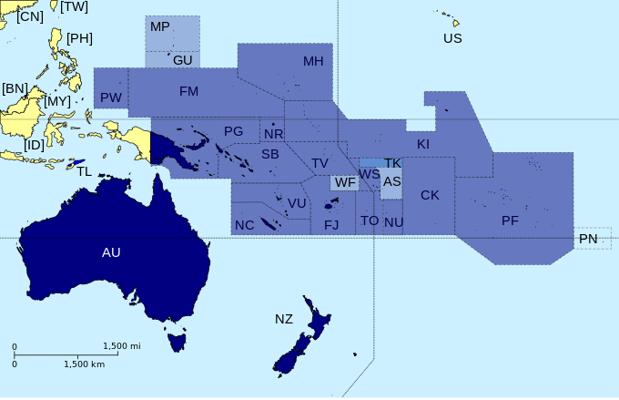 A map of member states for the Pacific Islands Forum (prior to 2022), the member states are depicted in blue. The PIF is a governing organization for the Pacific, and all of its members are seen as being politically within Oceania. Territories ethnographically associated with Oceania, but not politically associated with Oceania, such as Easter Island, Hawaiʻi, and Western New Guinea, have considered gaining representation in the PIF. The Pacific island nations of Indonesia, Japan and the Philippines are dialogue partners, but none have full membership. East Timor also have observer status, despite being located entirely within the Indian Ocean.