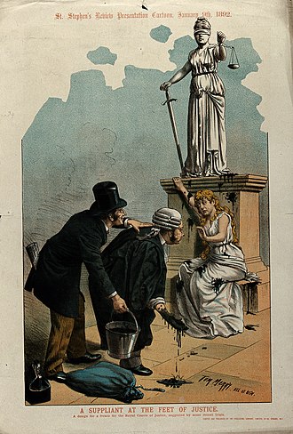 A British political cartoon showing a barrister and a solicitor throwing black paint at a woman sitting at the feet of a statue representing Justice. Men throwing black paint at a woman seeking justice Wellcome V0050338.jpg